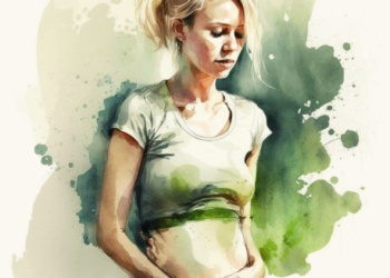 blond girl with a distended stomach having belly pain