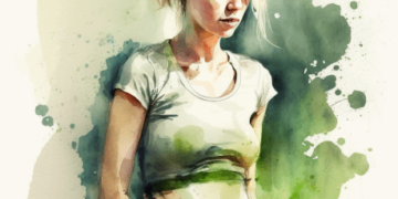 blond girl with a distended stomach having belly pain